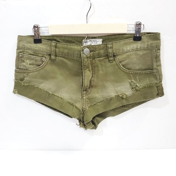 Free People Pants - Free people army green cut off  denim jean short shorts size 26